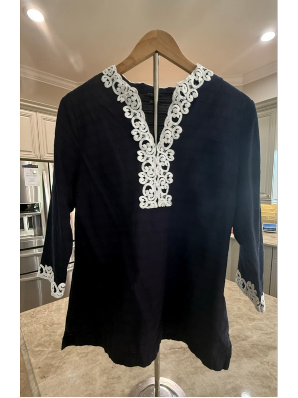 Talbots Petite Large Navy Tunic with White Lace Trim LP, nautical beach resort